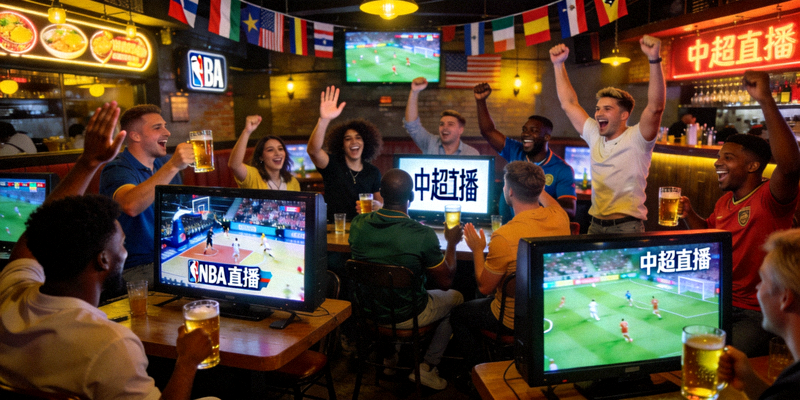 国际体育迷在酒吧通过速播体育观看NBA与中超直播，欢呼庆祝进球的热烈现场氛围