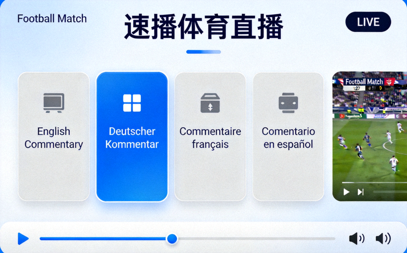 速播体育直播界面展示英语、德语、法语、西班牙语等多语种解说频道选择